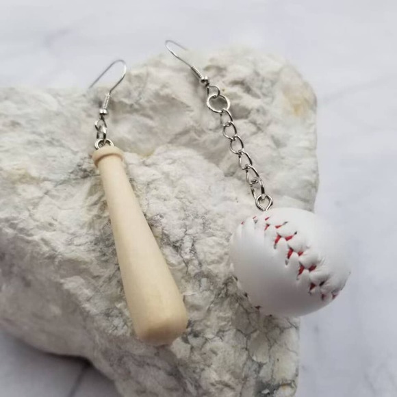 Baseball and Baseball Bat Dangle Earrings - Picture 2 of 2